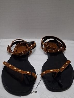 Zara Brown Size 41 (US 11) Women's Brown Gold-tone Studded Ankle-Strap Sandals.